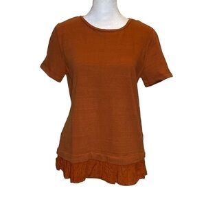 Loft women's size Small Ruffle Hem mixed media Tee burnt orange rust color